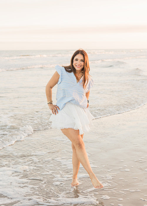 Lifestyle Scarlett Textured Light Blue Ruffle Sleeve Top