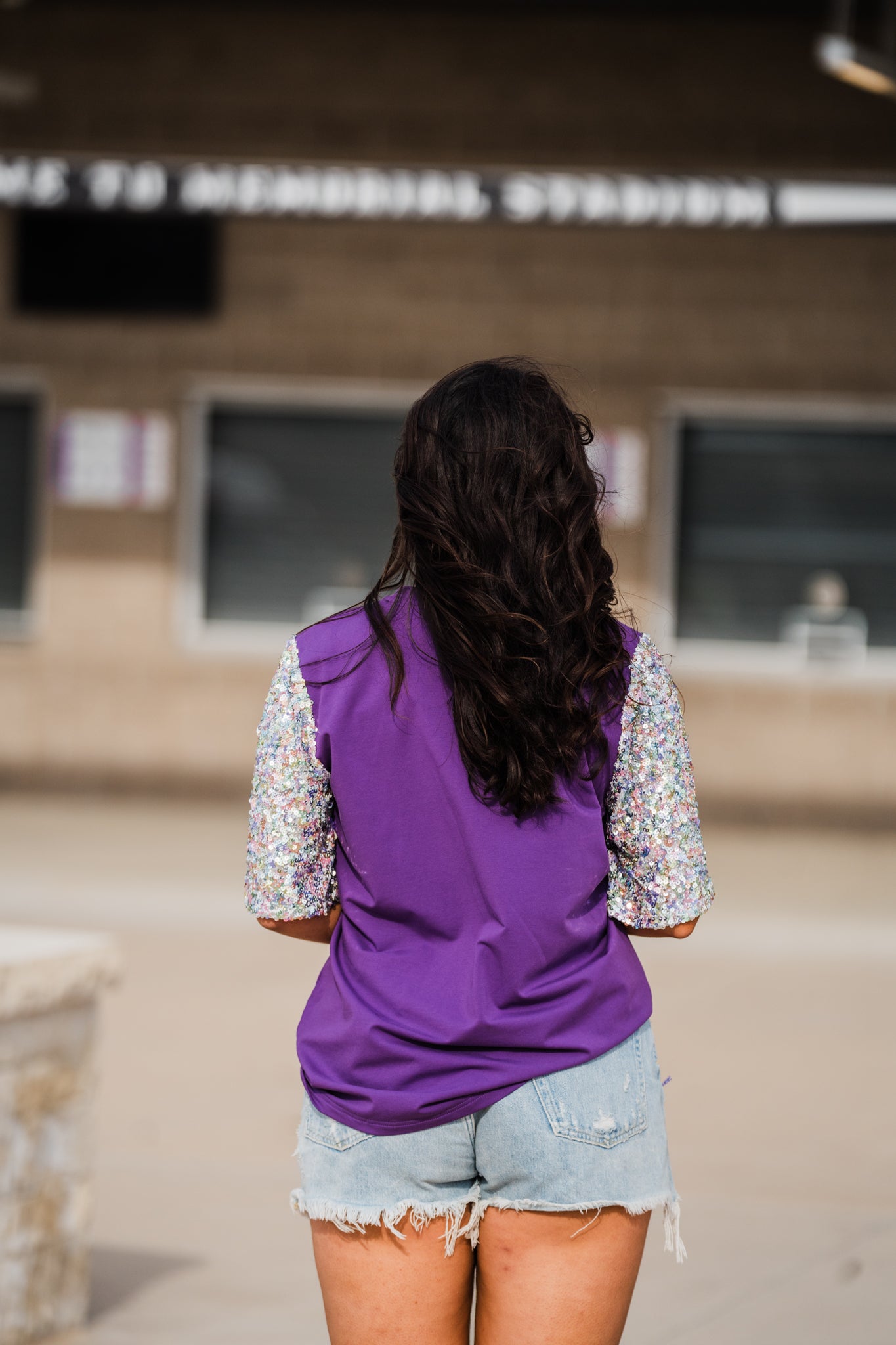 Classy Until Kickoff Grey Short Sleeve Purple Top Back