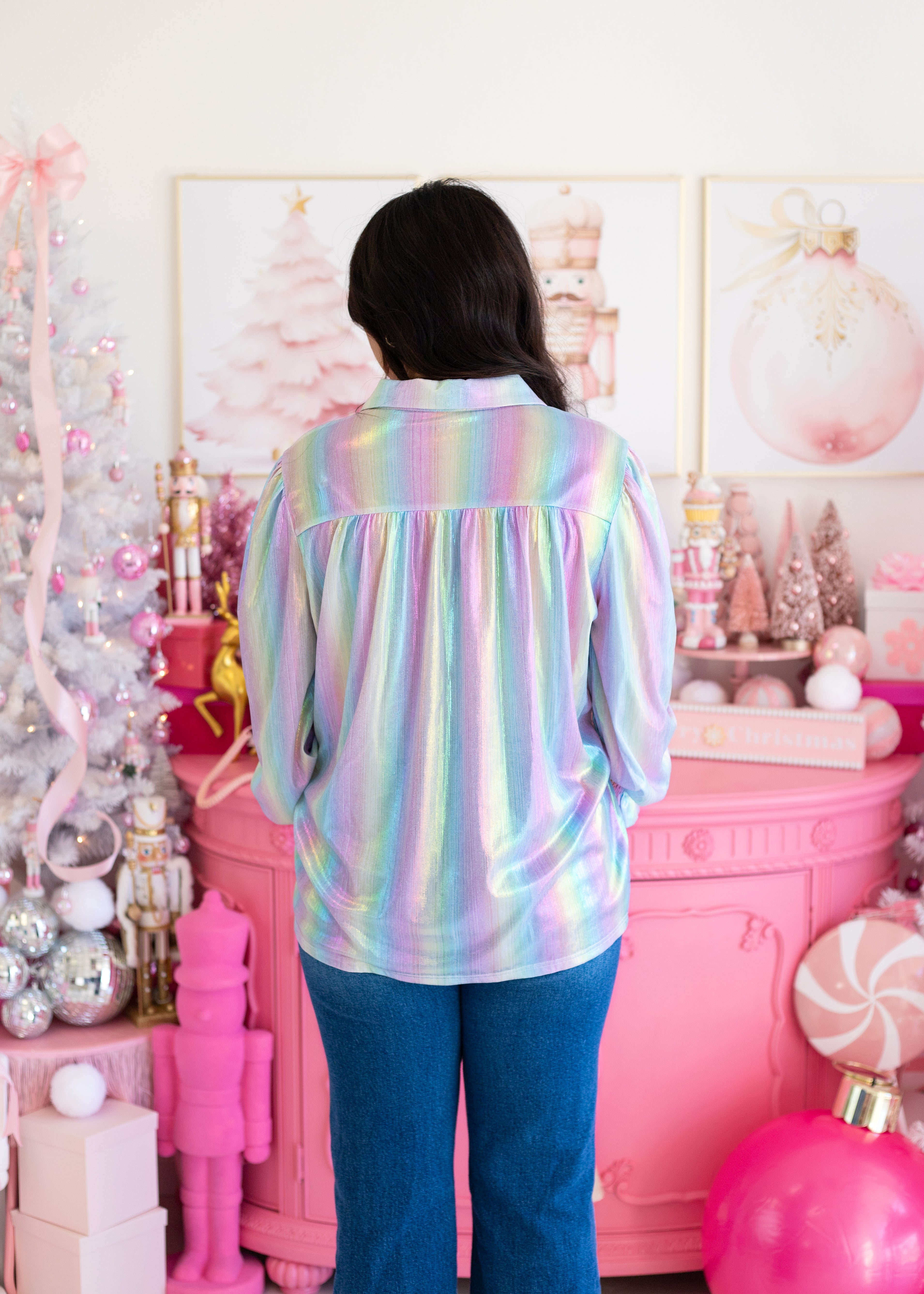 Candy Metallic Long Sleeve Button Up Top Back