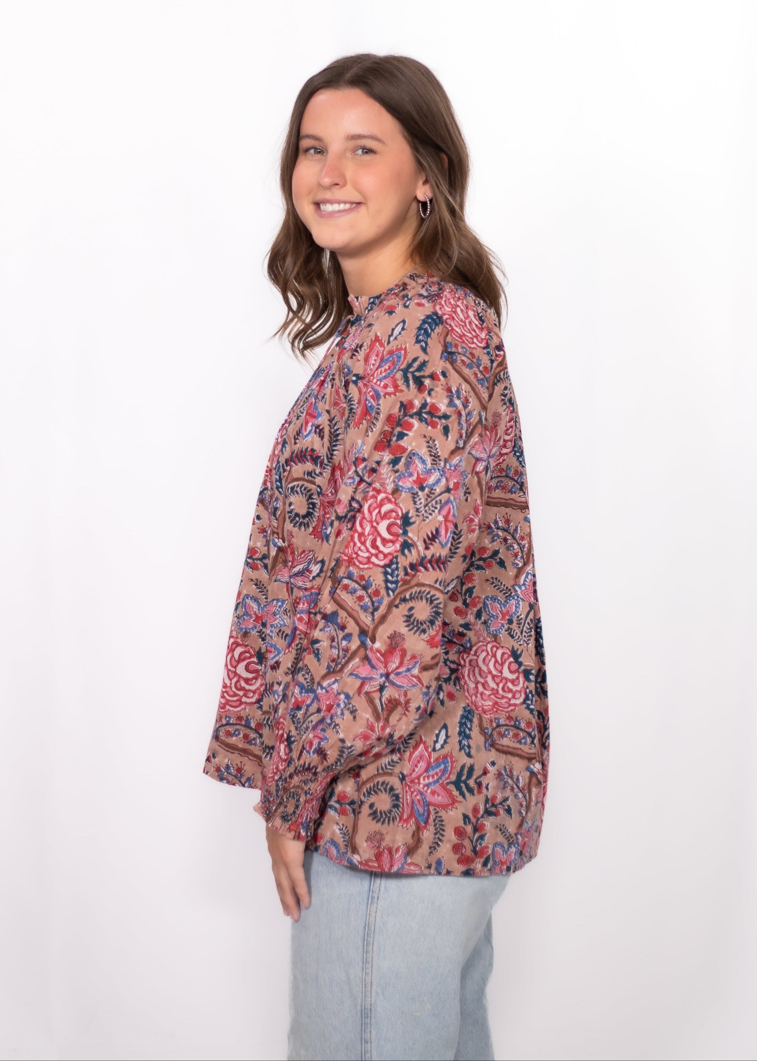 Side Jessica Top tan floral print long sleeve