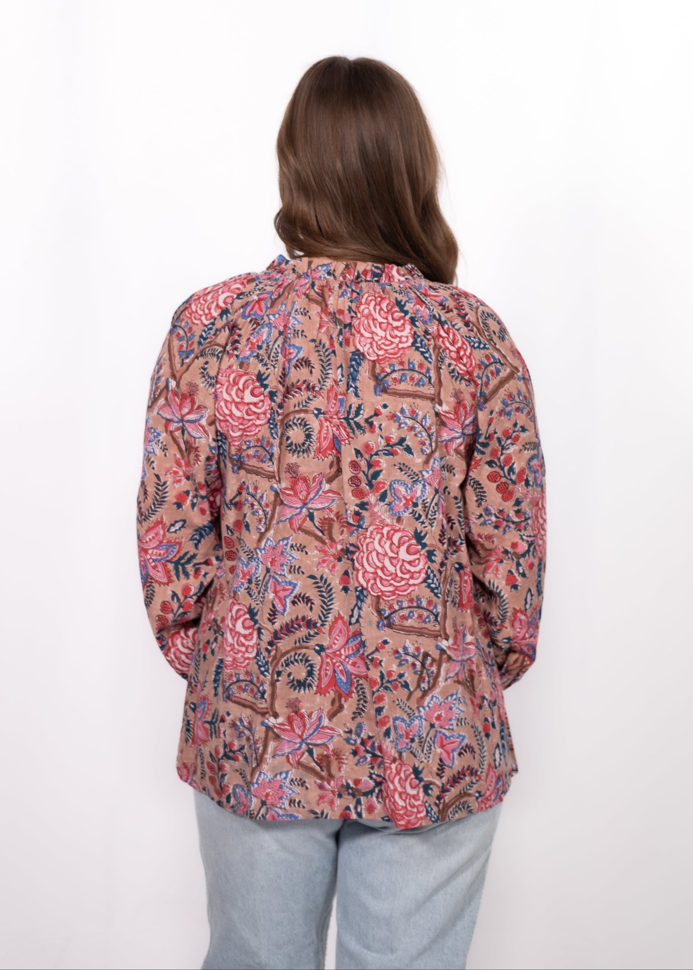 Back Jessica Top tan floral print long sleeve