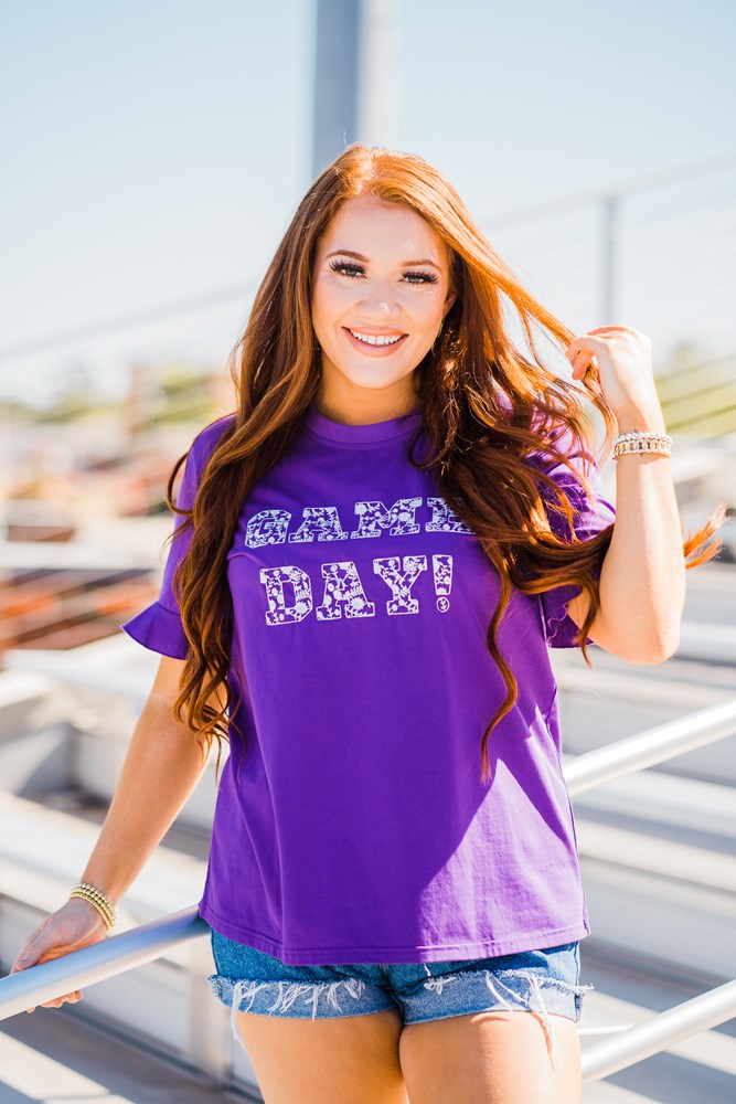 Game Day Embroidered Spirit Tee - Purple/white