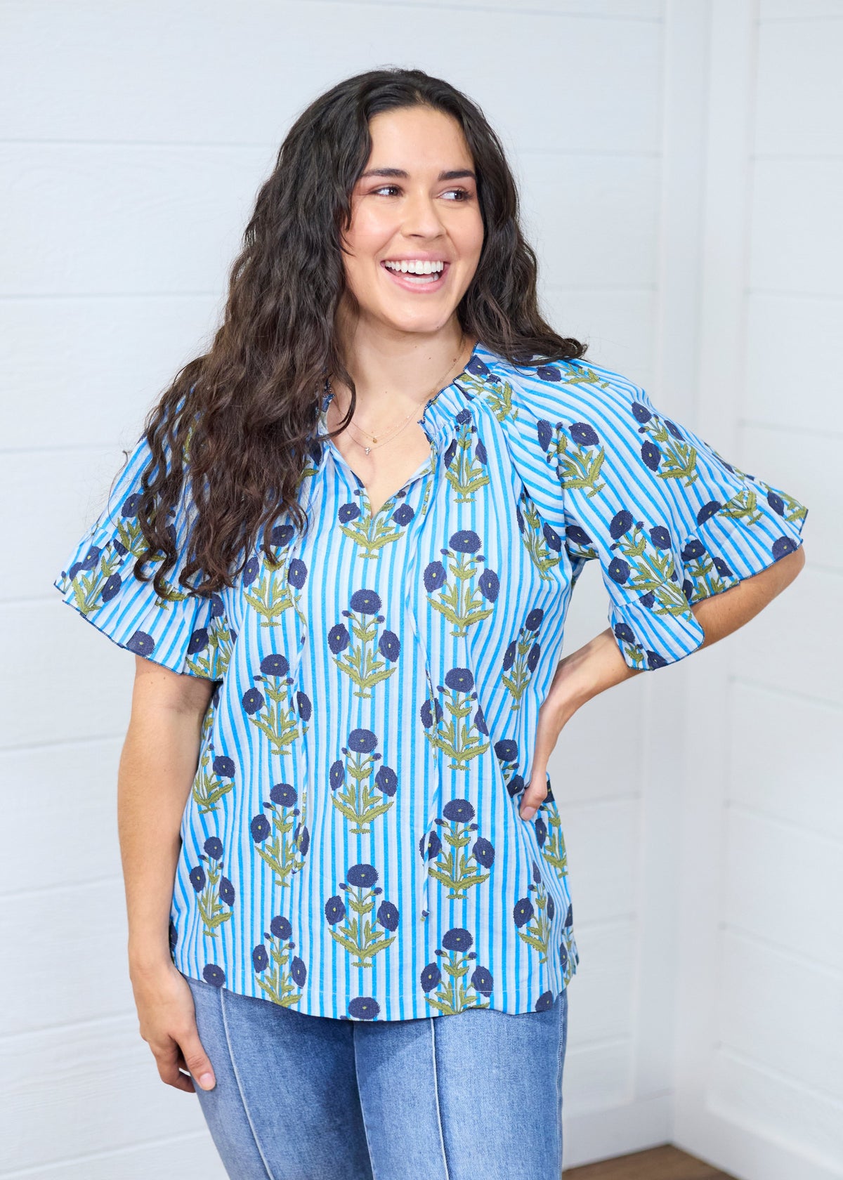 Bell Blue Stripe Elbow Sleeve Top Front