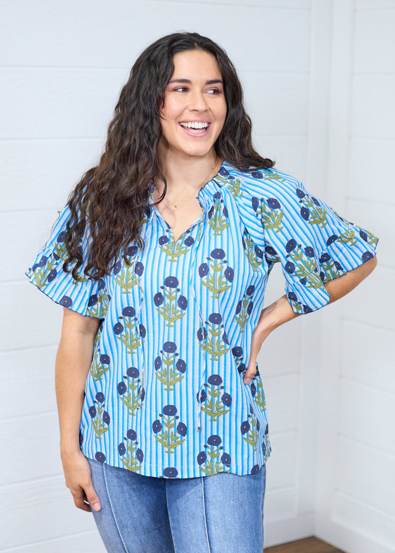 Bell Blue Stripe Elbow Sleeve Top Front