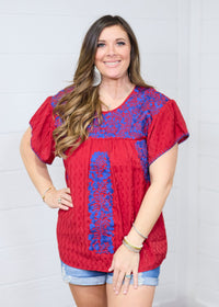 Chelsea Red Short Sleeve Blue Embroidered Top Front