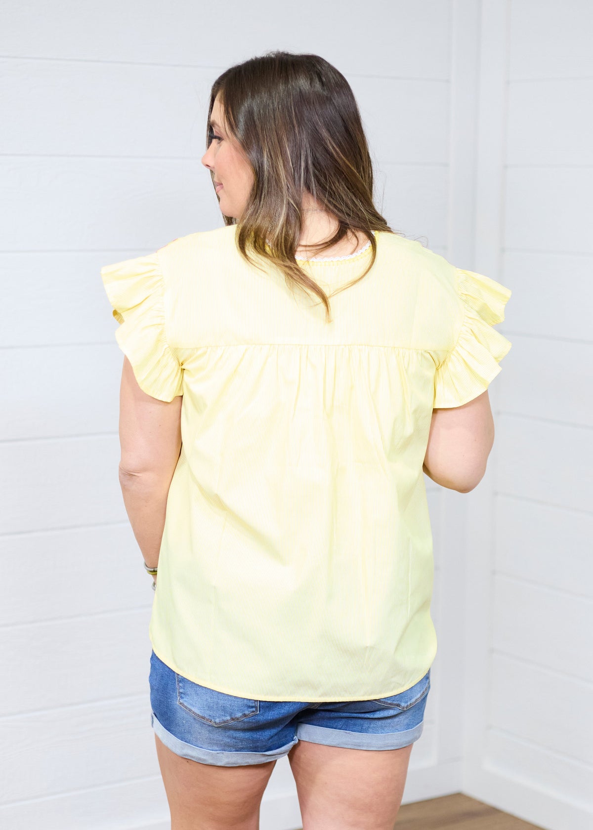 Beck Yellow Short Sleeve Colorful Embroidery Top Back
