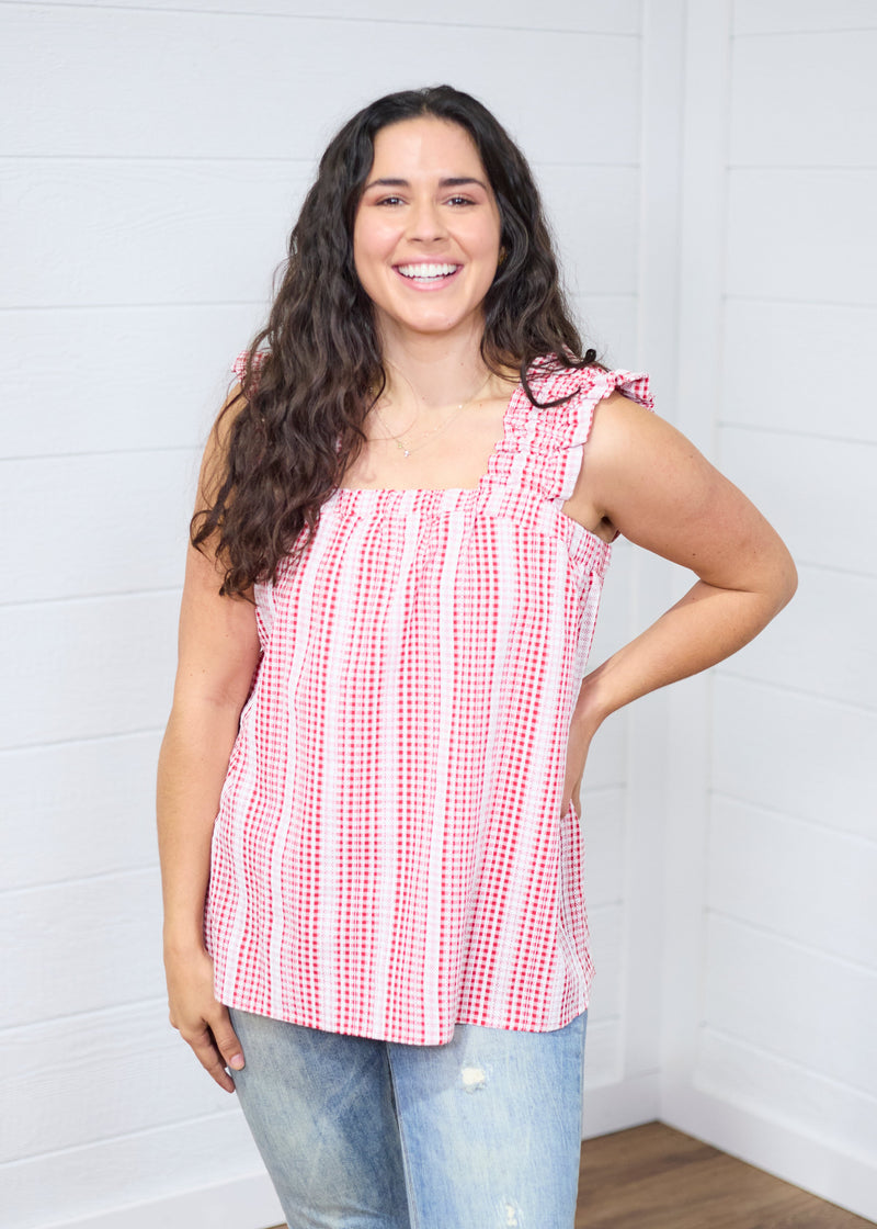 Sophia Red and White Textured Tank Top Front