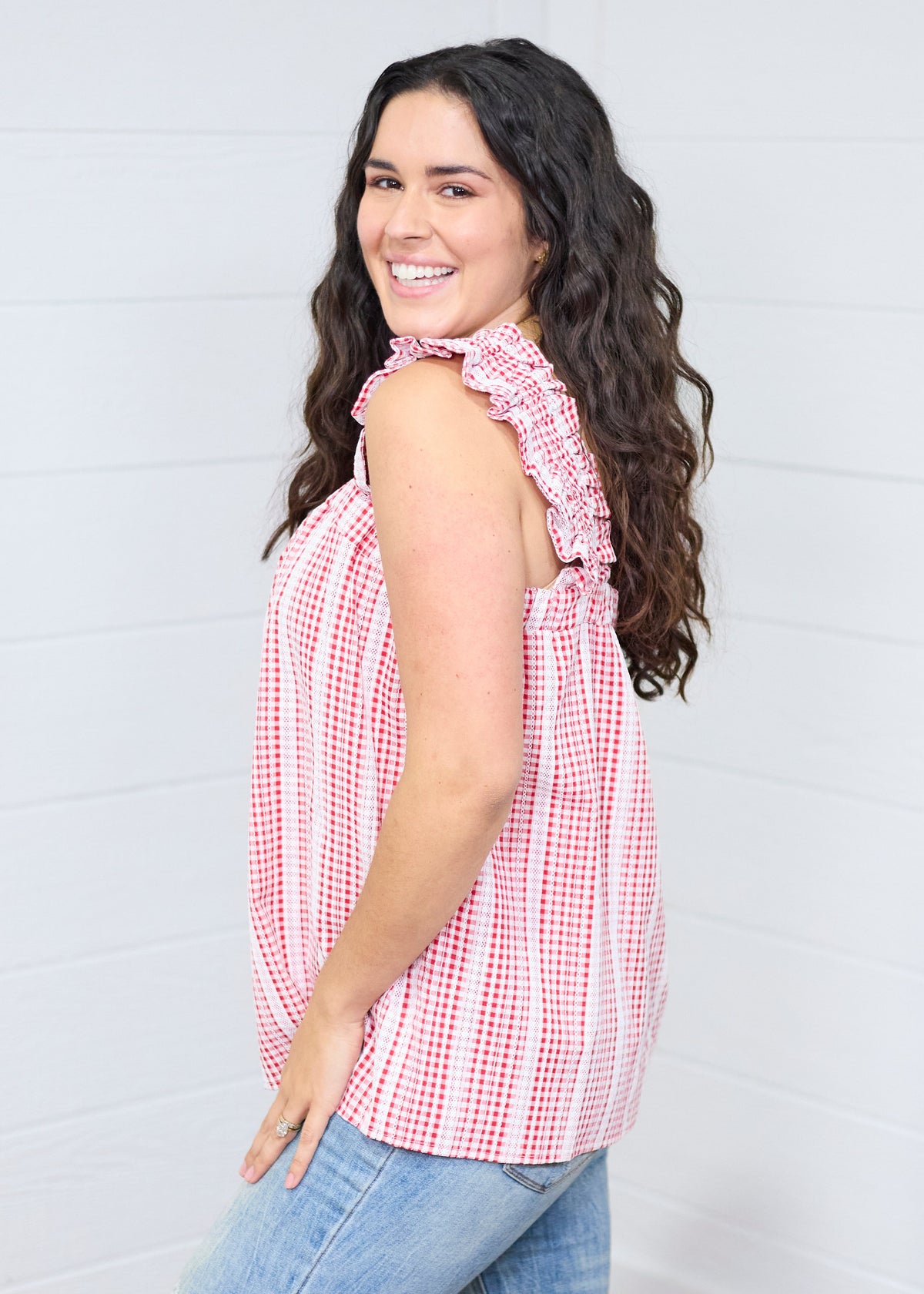 Sophia Red and White Textured Tank Top Side