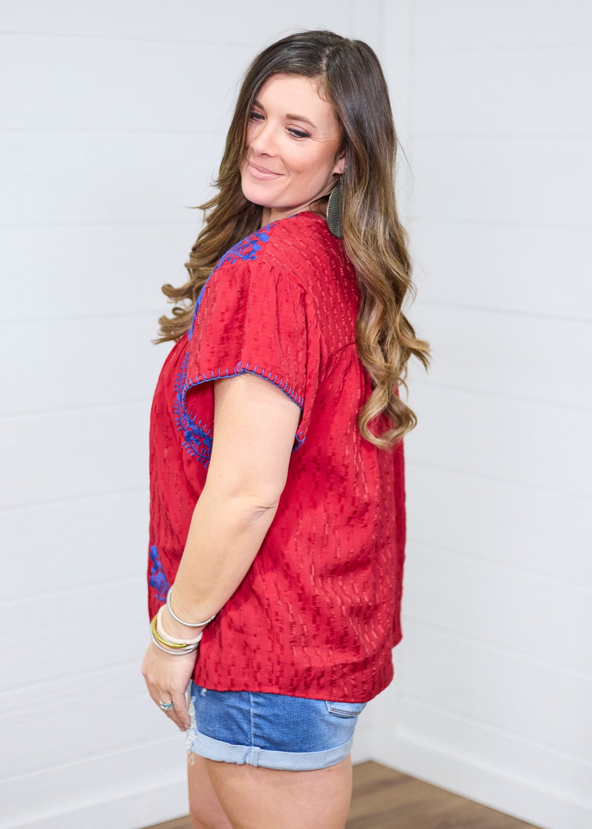 Chelsea Red Short Sleeve Blue Embroidered Top Side