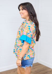 Bell Multi Floral Elbow Sleeve Top Side