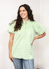 Ellis Green Eyelet Short Sleeve Top Front