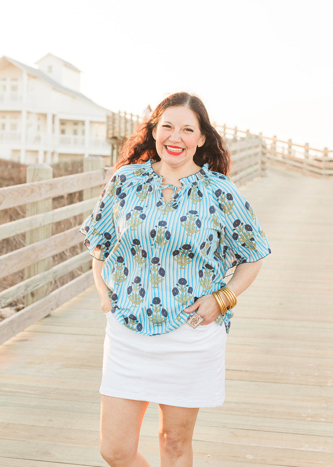 Lifestyle Bell Blue Stripe Elbow Sleeve Top
