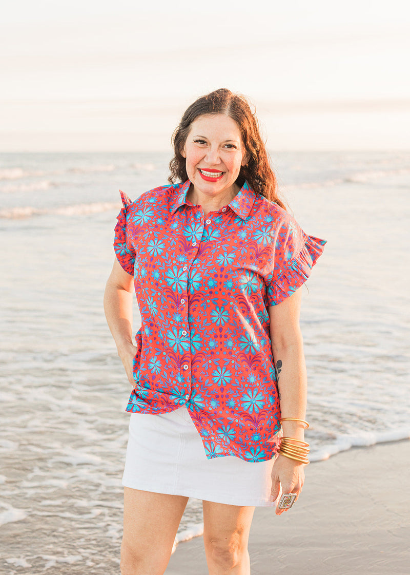 Lifestyle Stevie Red and Blue Floral Short Sleeve Top 
