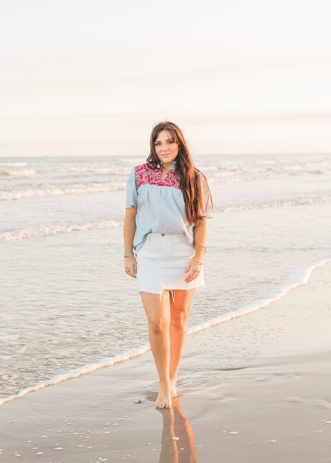Lifestyle Reece Denim Short Sleeve with Red Embroidery Top  