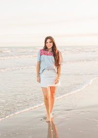 Lifestyle Reece Denim Short Sleeve with Red Embroidery Top  
