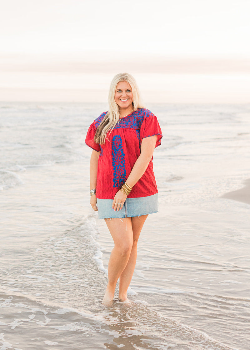 Lifestyle Chelsea Red Short Sleeve Blue Embroidered Top 