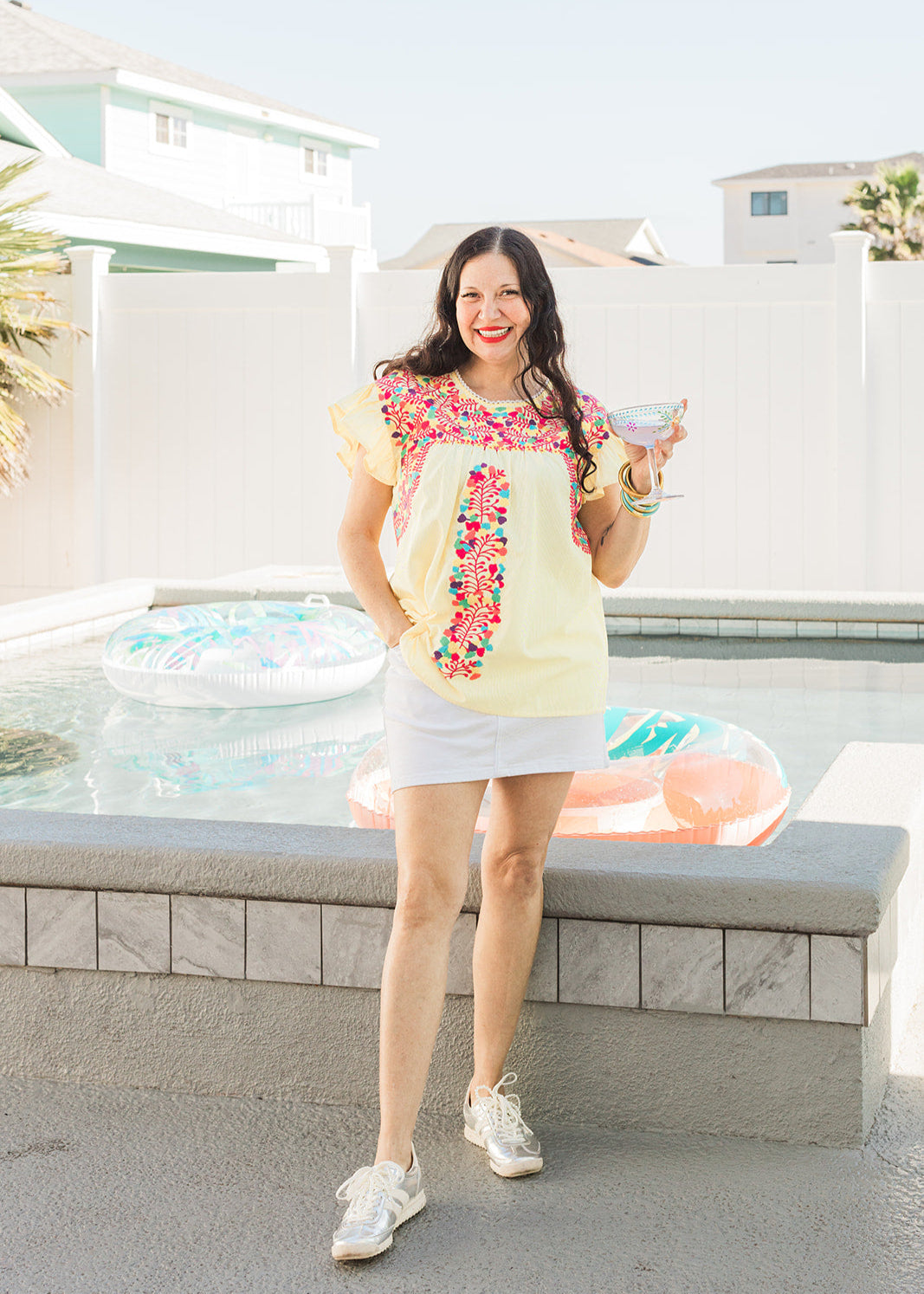 Lifestyle Beck Yellow Short Sleeve Colorful Embroidery Top 