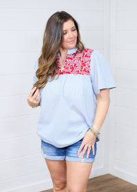 Reece Denim Short Sleeve with Red Embroidery Top Front