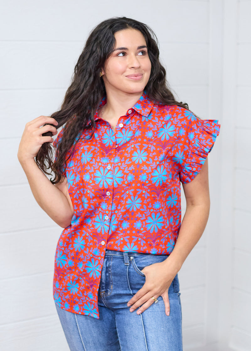 Stevie Red and Blue Floral Short Sleeve Top Front