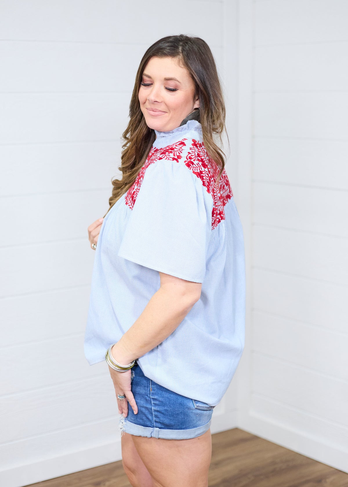 Reece Denim Short Sleeve with Red Embroidery Top Side
