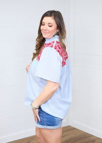Reece Denim Short Sleeve with Red Embroidery Top Side