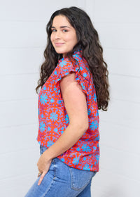 Stevie Red and Blue Floral Short Sleeve Top Side