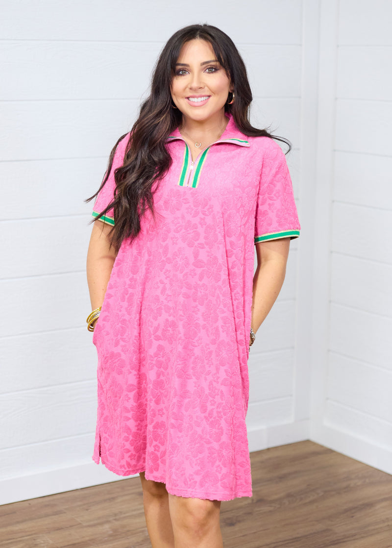Cami Terry Cloth Pink Floral Texture Short Sleeve Dress Front