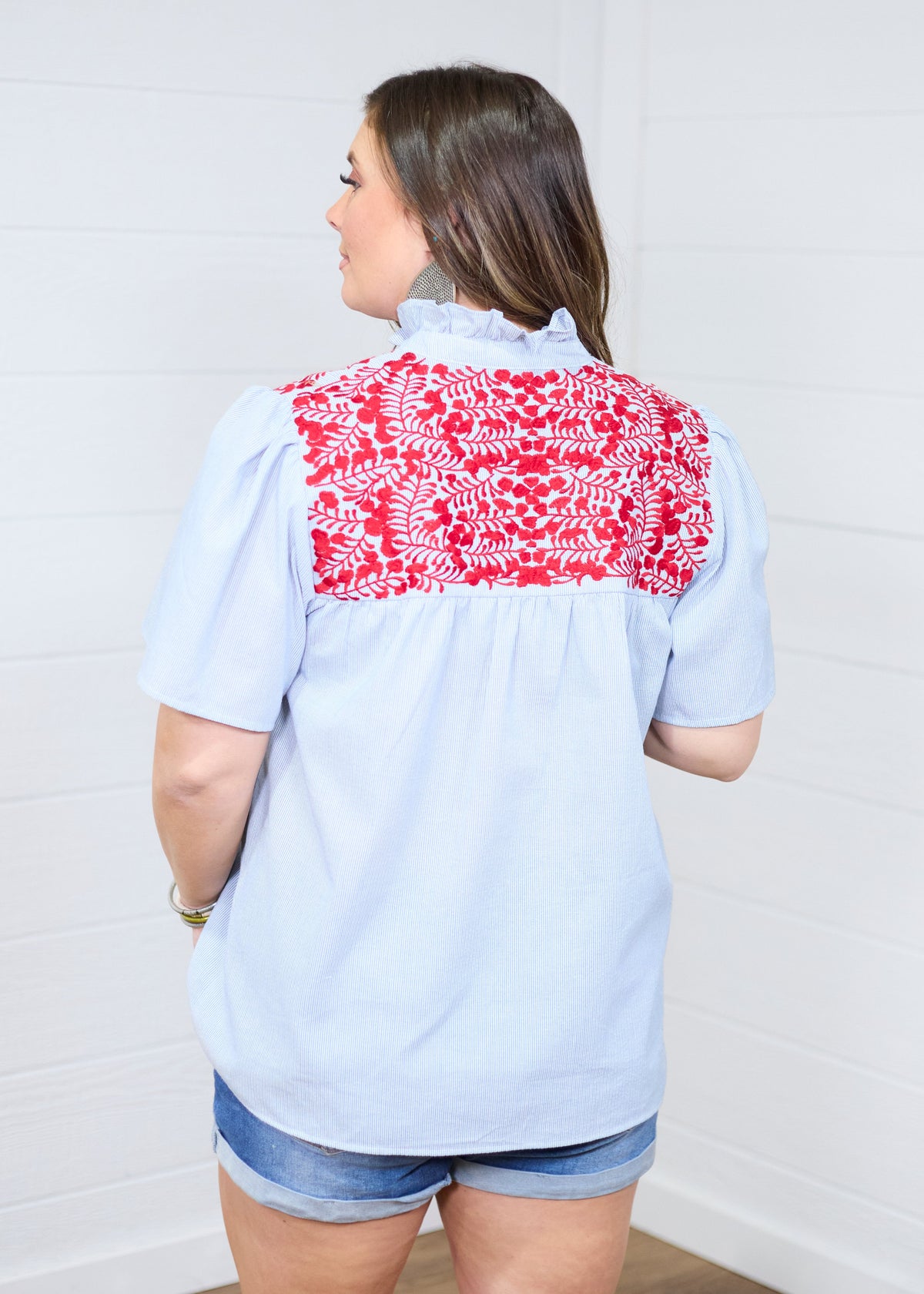 Reece Denim Short Sleeve with Red Embroidery Top Back