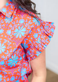 Stevie Red and Blue Floral Short Sleeve Top Sleeve Detail 