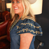 Woman with blonde hair standing in a side profile position wearing the Caylee Dress in a lifestyle scene. The focal point of this image is the ruffled sleeves with cream floral embroidery. 