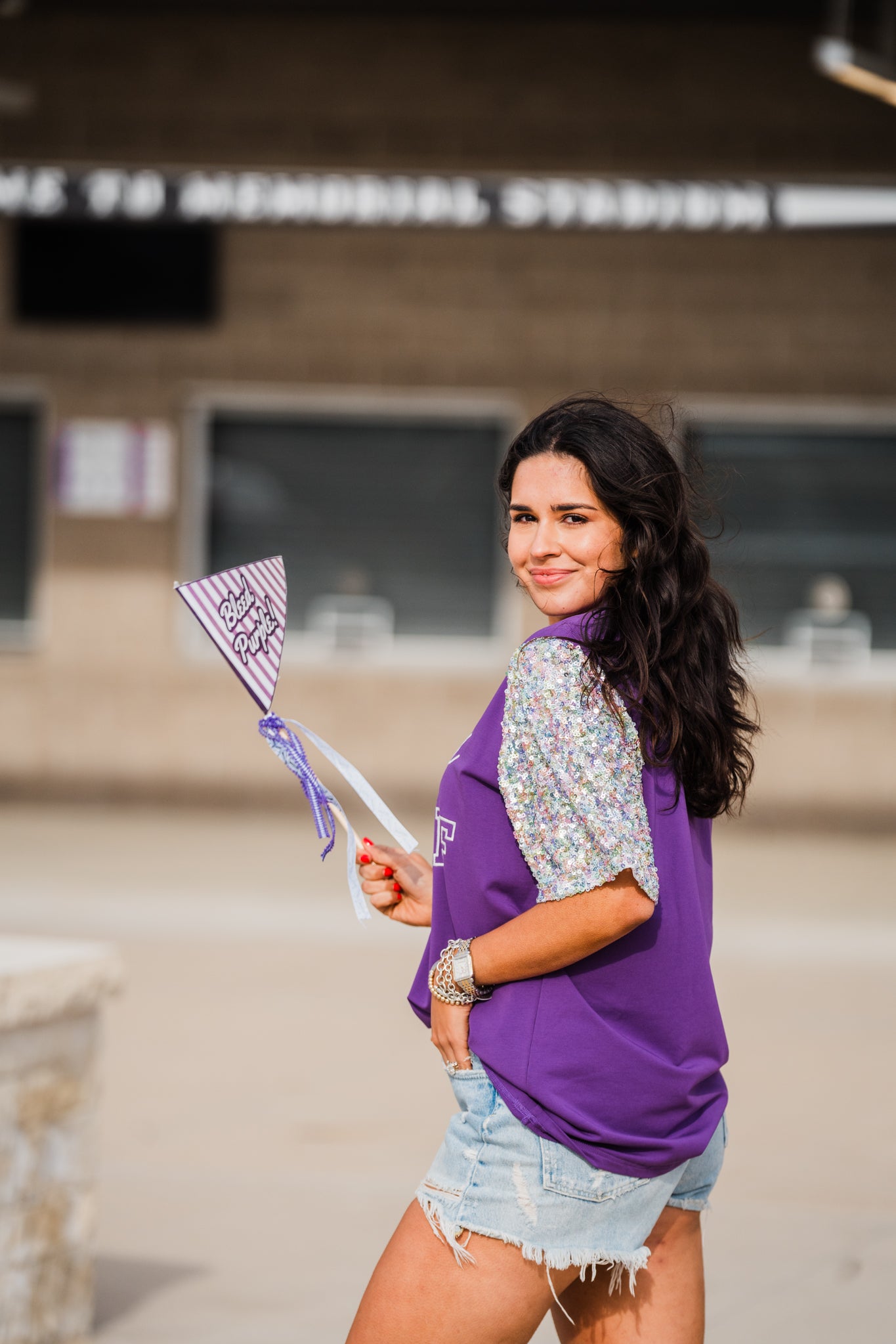 Classy Until Kickoff Grey Short Sleeve Purple Top Side