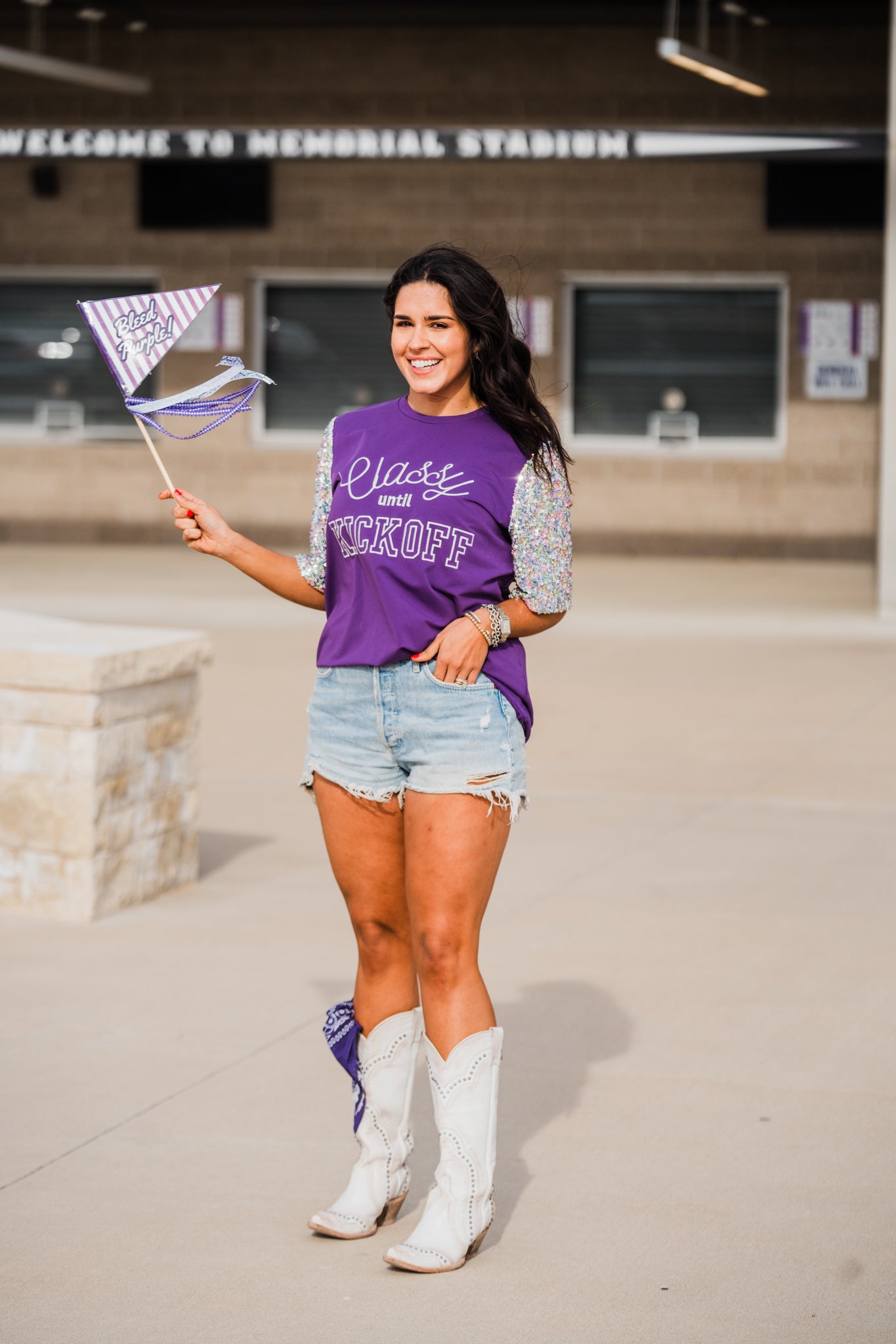 Classy Until Kickoff Grey Short Sleeve Purple Top Front