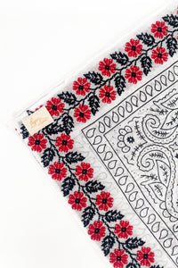 Zoomed in version of floral red frilly. Emphasis on the red floral embroidery. 