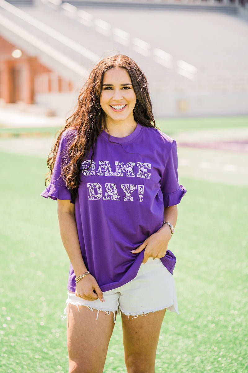 Game Day Embroidered Spirit Tee - Purple/white