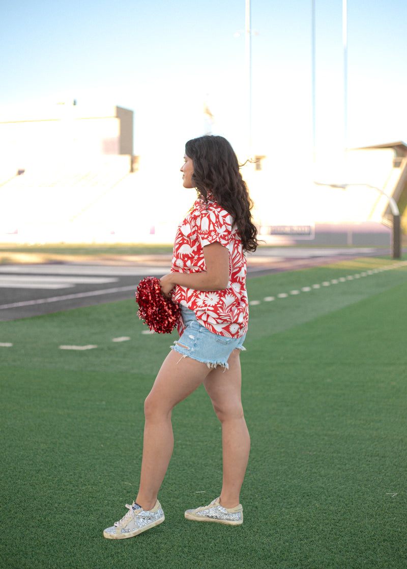 Jonie Red/White Short Sleeve Button Up Top Side