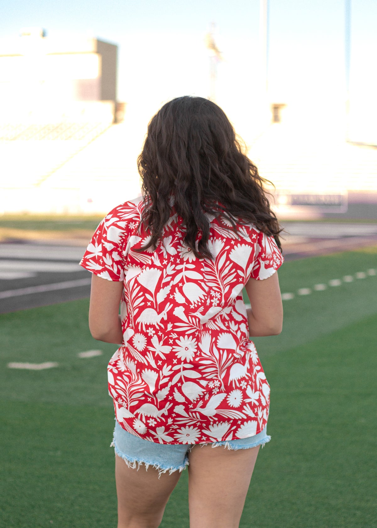 Jonie Red/White Short Sleeve Button Up Top Back