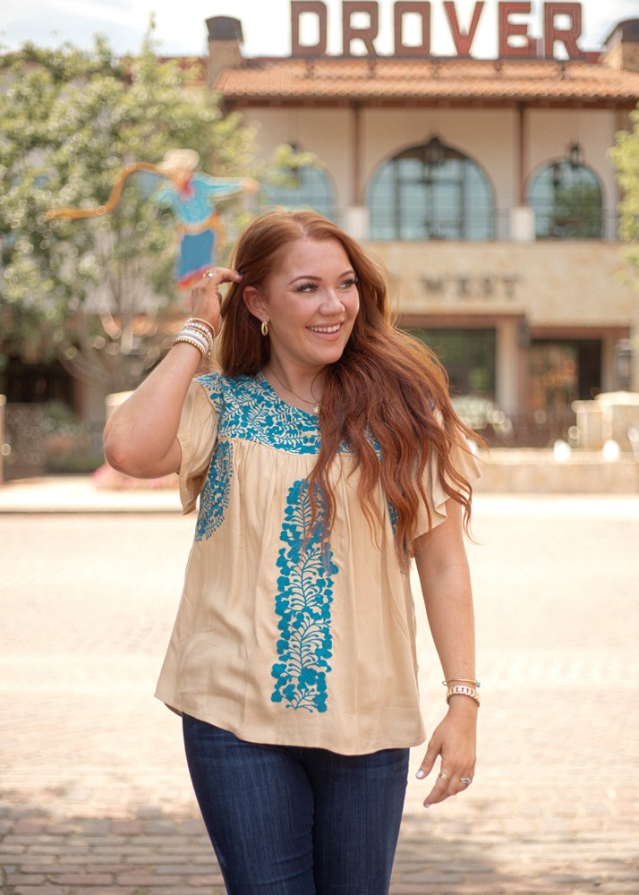 Lifestyle Zoey Beige Blue Embroidery Short Sleeve Top 