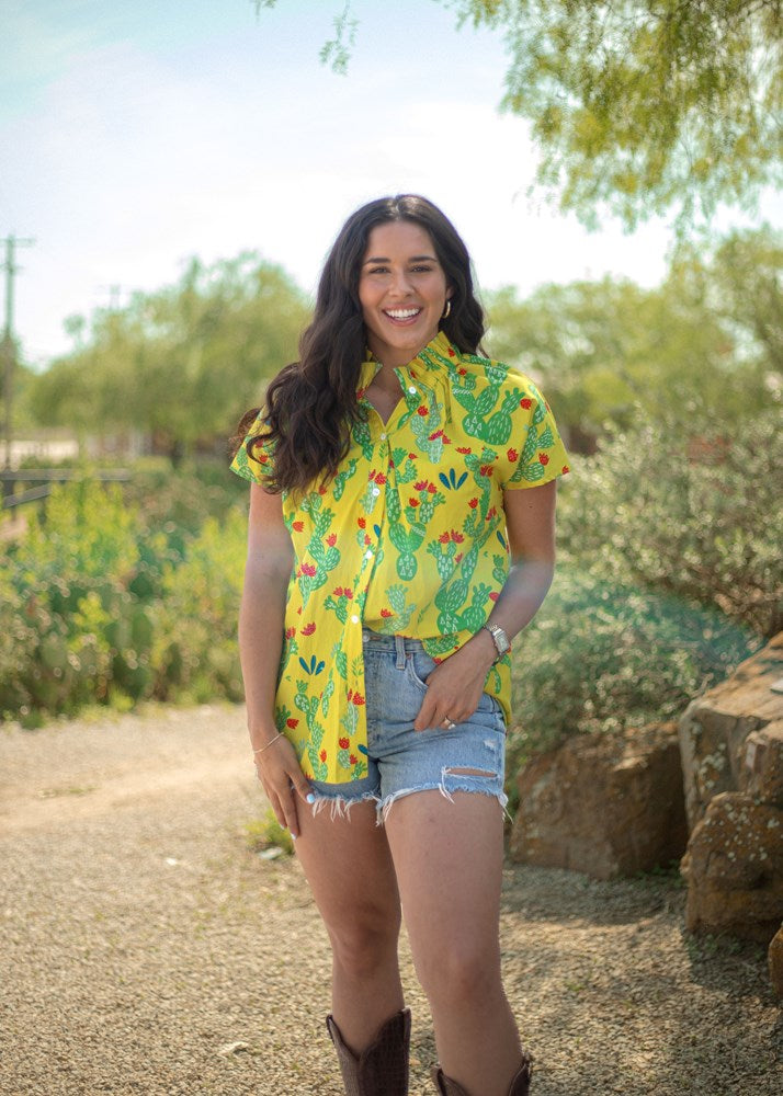 Windy Yellow Cactus Short Sleeve Top Front