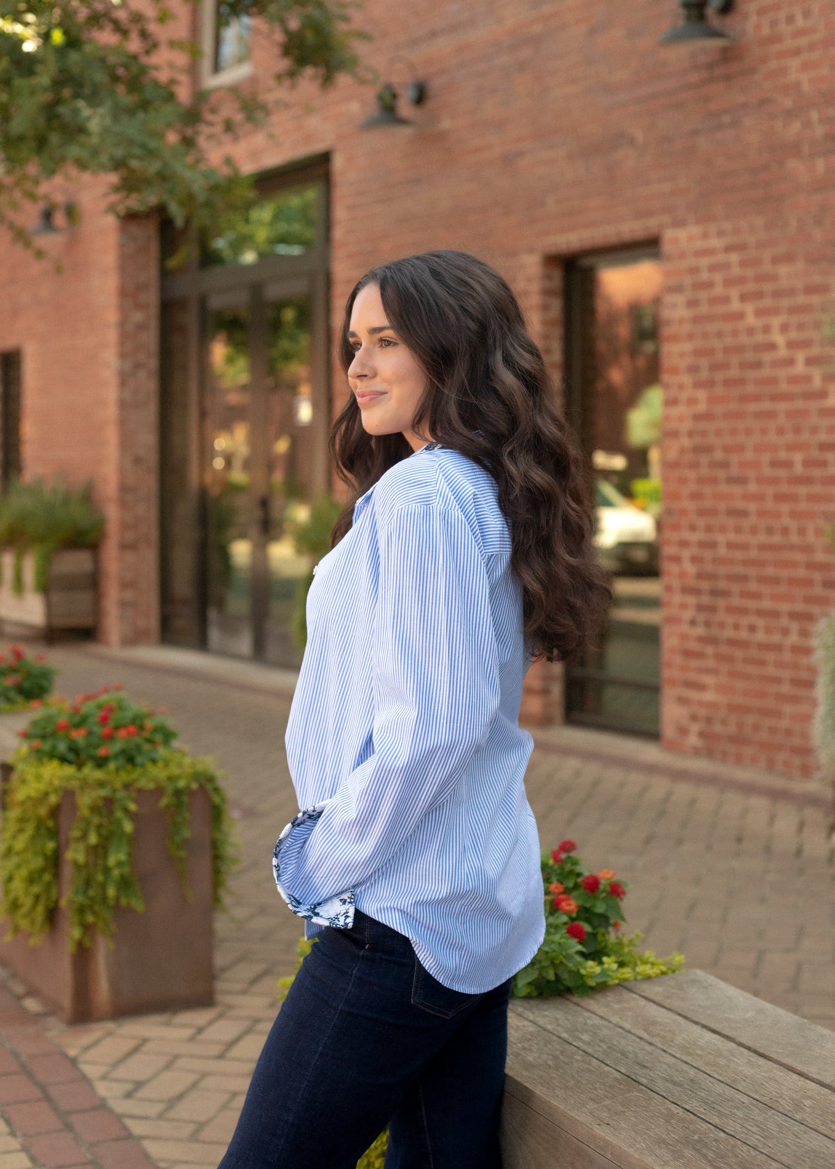 Micheal Blue Stripe Long Sleeve Button Up Top Side