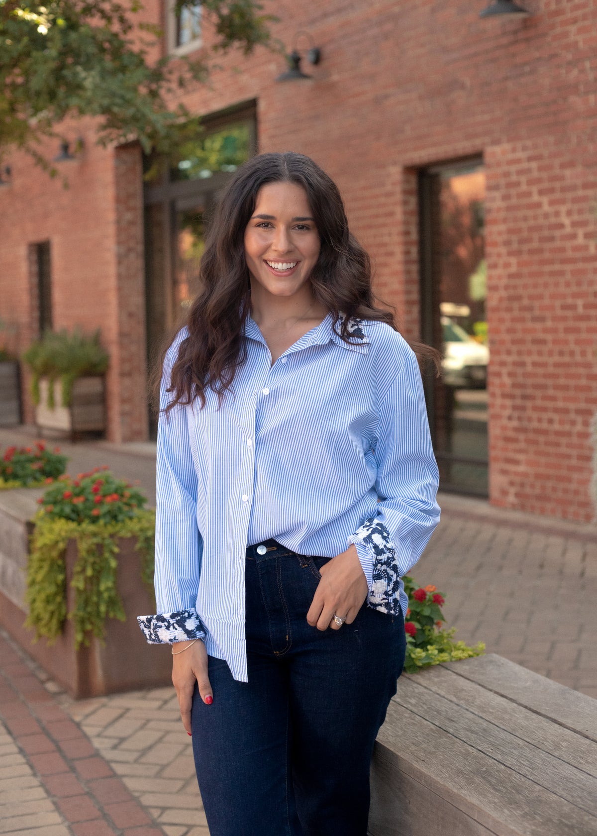 Micheal Blue Stripe Long Sleeve Button Up Top Front