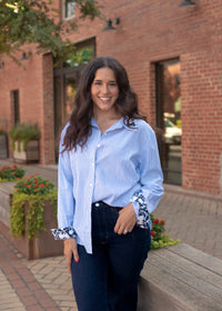 Micheal Blue Stripe Long Sleeve Button Up Top Front