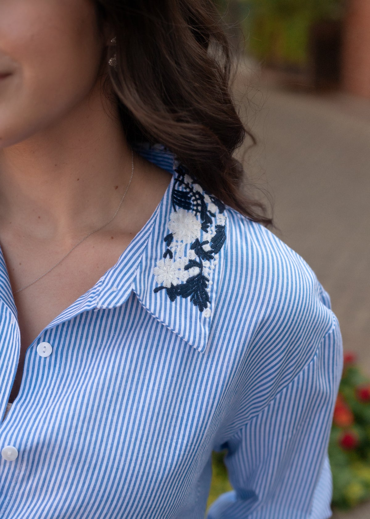 Micheal Blue Stripe Long Sleeve Button Up Top Collar Detail 