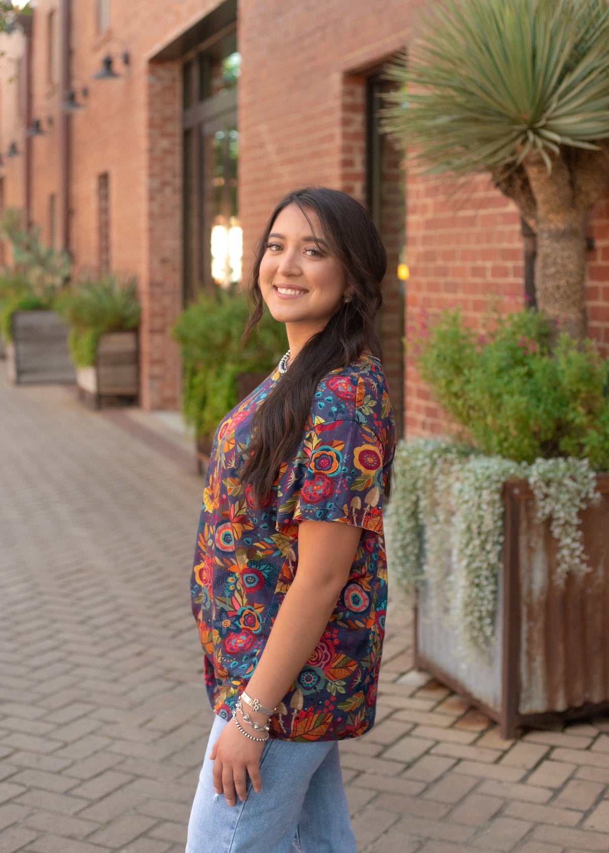 Fall Floral Short Sleeve Basic Tee Side