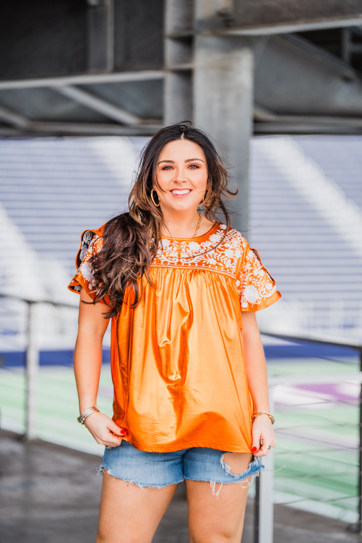 Neyland White Embroidery Short Sleeve Metallic Orange Top Front