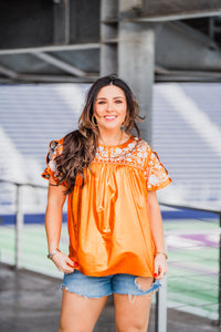 Neyland White Embroidery Short Sleeve Metallic Orange Top Front