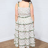 Woman with dark hair standing in a back profile position wearing the Paloma Dress against a white background. The focal point of this image is the floral graphics and tiered ruffles. The model paired this dress with cream heels. 