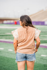 Pierce White Embroidery Short Sleeve Orange and White Gingham Top Back