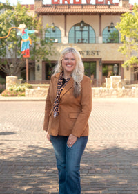 Suede Cognac Long Sleeve Power Blazer Front