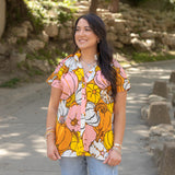 Pumpkin Short Sleeve Button Up Top Front 
