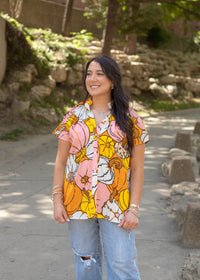 Pumpkin Short Sleeve Button Up Top Front 